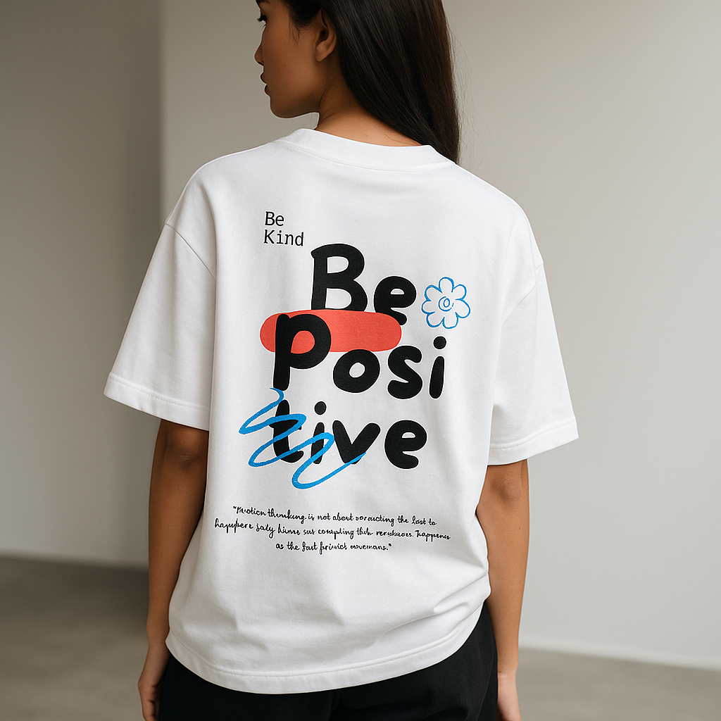 Oversized White T-Shirt – Be Positive Graphic Print