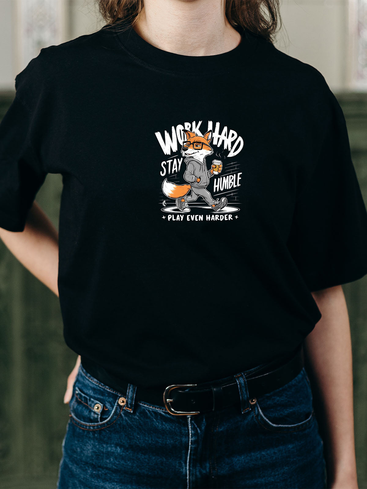 Work Hard Stay Humble – Fox Graphic Oversized T-Shirt