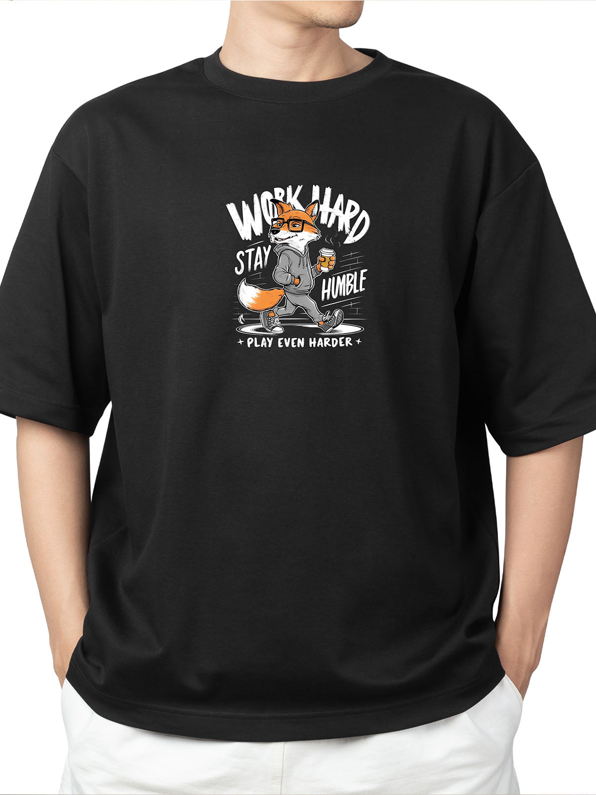 Work Hard Stay Humble – Fox Graphic Oversized T-Shirt