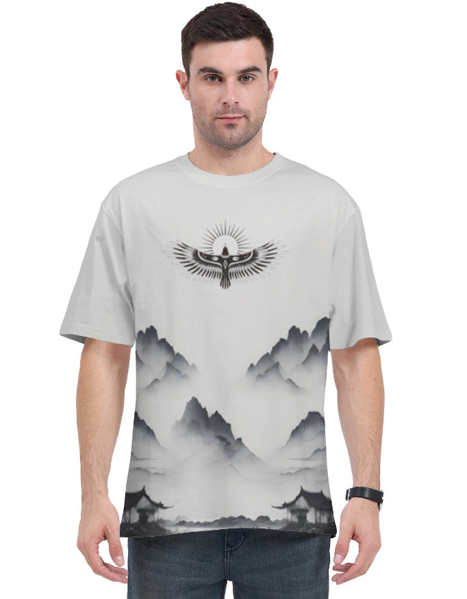 Oversized Mountain & Bird All-Over Print T-Shirt – Unisex Streetwear