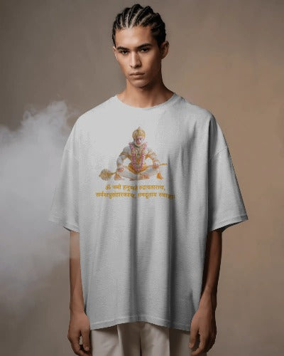 Hanuman Ji Mantra Oversized White T-Shirt – Spiritual Graphic Tee
