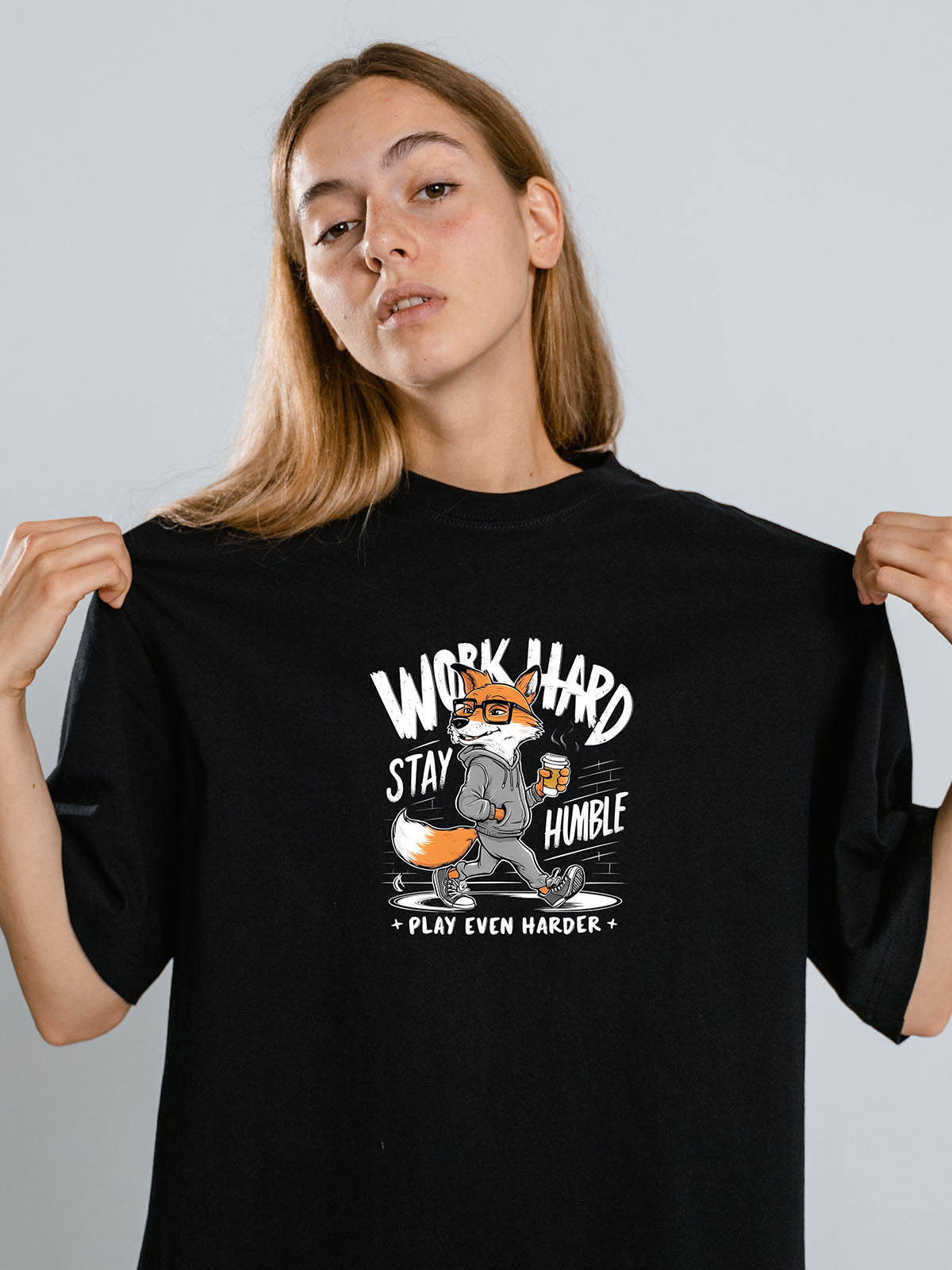Work Hard Stay Humble – Fox Graphic Oversized T-Shirt
