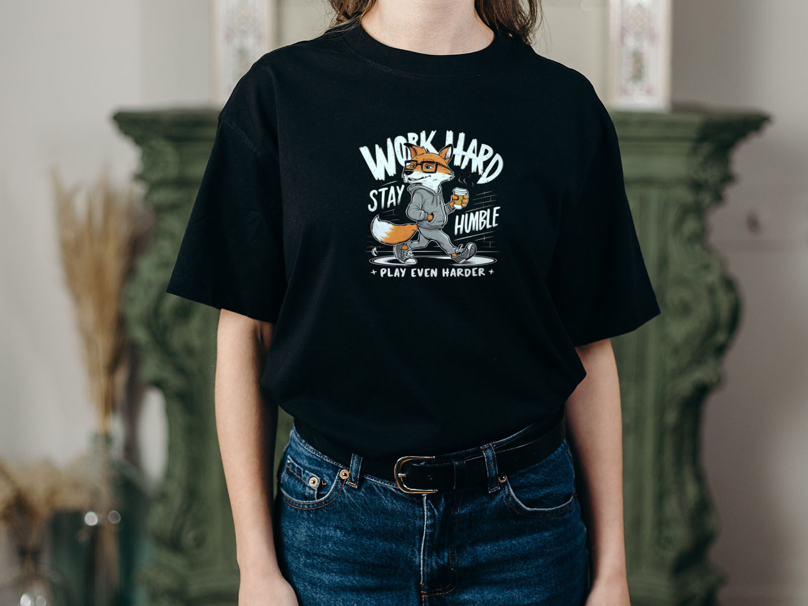 Work Hard Stay Humble – Fox Graphic Oversized T-Shirt